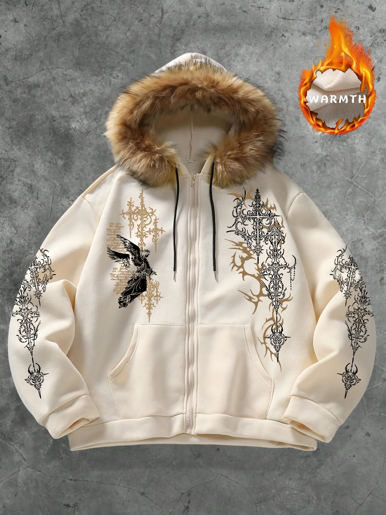 Men's Angel Print Loose Graphic Print Cover Up Hoodie Sweatshirt, Zipper Fur Collar Pocket Design, Fall Winter Casual Warm Clothing, Durable Comfortable Outerwear
