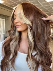 26 Inch Brown and Gold Highlights Body Wave Lace Front Wig Heat Resistant Synthetic Hair Glueless Natural Hairline for Daily & Party Wear Glueless Lace Wigs