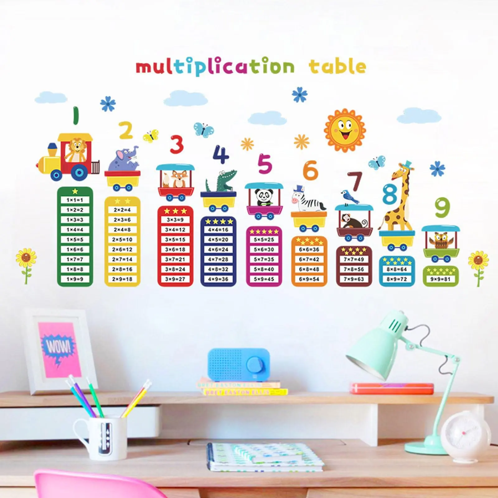 Circus Animals Removable Vinyl Educational Wall Decal 2-Piece Set - 30x90cm 9x9 Multiplication Table Math Chart, Homeschool Decorative Stickers for Kids Room, Memory-Boosting Elementary Student Gift