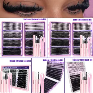 800/400/300/244Pcs Cluster Eyelash Extension Kit, Mixed Large Capacity False Eyelash with Glue, Tweezers & Brush, Spikes+Bottom+Fluffy Individual Lashes, Manga Lash Clusters, D Curl Ultra-Thick False Eyelashes, Suitable for Any Style
