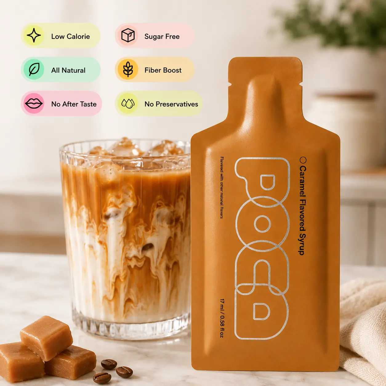 POCA Caramel Flavor All Natural Sugar-Free Coffee Syrup - Low Calorie Plant-Based Squeeze Bottle for Beverages & Coffees, Sugar Free Syrups