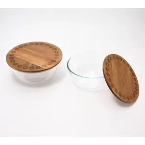 Aarti Sequeira 2-Pc Nestable Glass Serving Bowls w/Etched Acacia Wood Lid