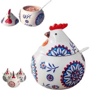13.5 Oz Salt Cellar With Lid and Spoon (Blue)- Ceramic Chicken Spice Jars for Salt, Sugar, Pepper - Spice Containers for Countertop