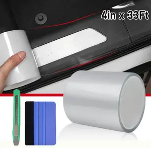 4In x 33Ft Vinyl Wrap Tape, Universal Car Door Edge Guard Door Sill Protector, Transparent Paint Protection Film for Most Cars Rearview Mirror Handle Bumper Window Stair (Transparent/Black)