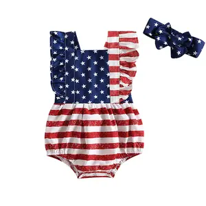 Baby Girl 4th of July Outfits, Sleeveless Backless Ruffle Romper with Headband Set