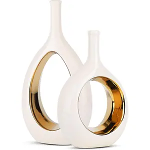 White and Gold Vase Ceramic White Vases Home Decor,Modern Minimalist Circle with Hole Decorative Vase, Hollow Ellipse Flower vases for Bookshelf, Fireplace Mantle, Centerpieces,Farmhouse,Rustic Décor