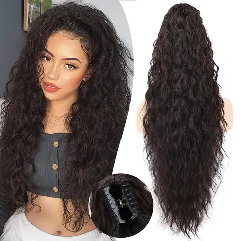 Claw Long Wavy Ponytail Extension Black Brown 30" Curly Pony Tail Clip in Hair Extensions for Women Fluffy Natural Looking Synthetic Clip Hairpiece for Daily Use