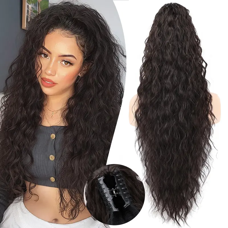Claw Long Wavy Ponytail Extension Black Brown 30" Curly Pony Tail Clip in Hair Extensions for Women Fluffy Natural Looking Synthetic Clip Hairpiece for Daily Use