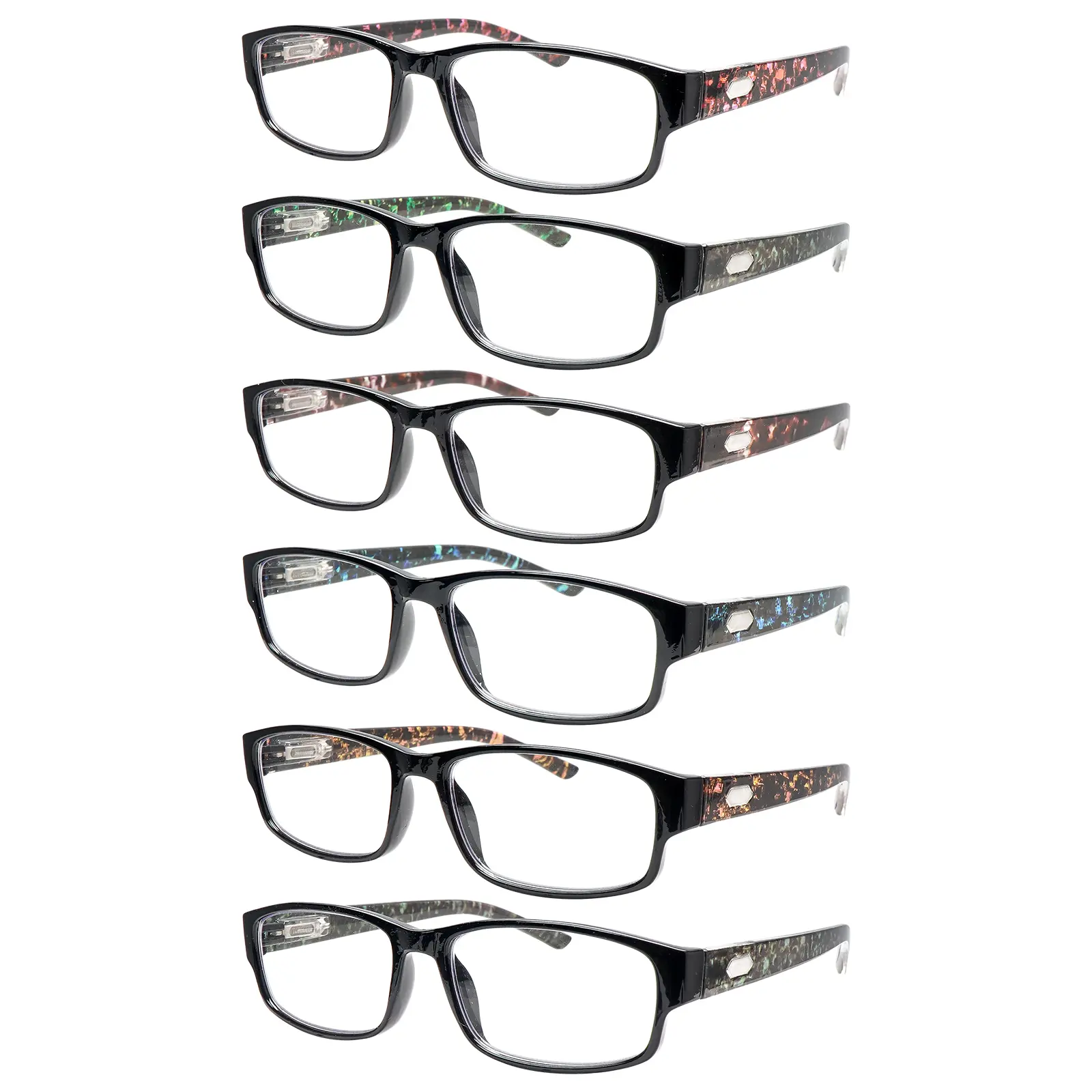 6 Packs Blue Light-Blocking Reading Glasses for Presbyopia, unisex, stylish and understated,diamond-patterned temple design， featuring small rectangular frames with a floral pattern and sturdy metal hinges; perfect for daily commuting and reading