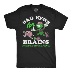 Mens Funny T Shirts Bad News For Brains Sarcastic Zombie Graphic Novelty Tee For Men Mens Funny T Shirts Cool Vintage Fashion T-Shirt Gift Classic Menswear Funny Zombie Short Sleeve Novelty Tees for Guys Black -