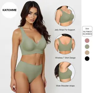 KatchMe Women's Plus Size Two-Piece Sets Solid Seamless Non-Wired Full Cup Smoothing Bra & Hip-Hugging Panties Set,Women's Lingerie & Underwear Set