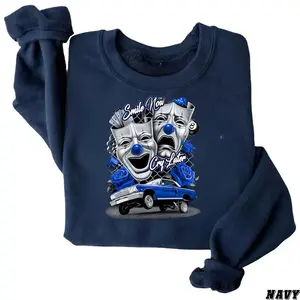 Smile Now Cry Later Sweatshirt, Classic Theatre Mask Design with Lowrider and Playing Card Accents Shirt, Streetwear Enthusiasts and Fans of Chicano Art. Unisex Shirt