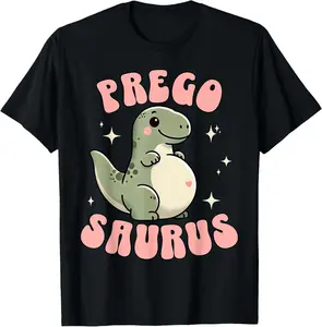 100% Cotton Unisex Pregosaurus Cute Retro Mommy Dinosaur Pregnancy Announcement T-Shirt, Small, Black