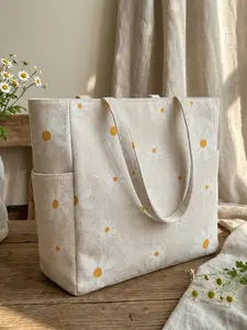 Small Daisy Pattern 2D Printed Travel Bag, Large Capacity Storage Bag, Durable Multi-Pocket Design, Zipper Closure, Suitable for Work/parking/lunch, Portable Travel Bag
