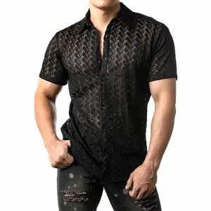 JOGAL Mens Floral Lace Shirt See through Casual Button Down Shirts