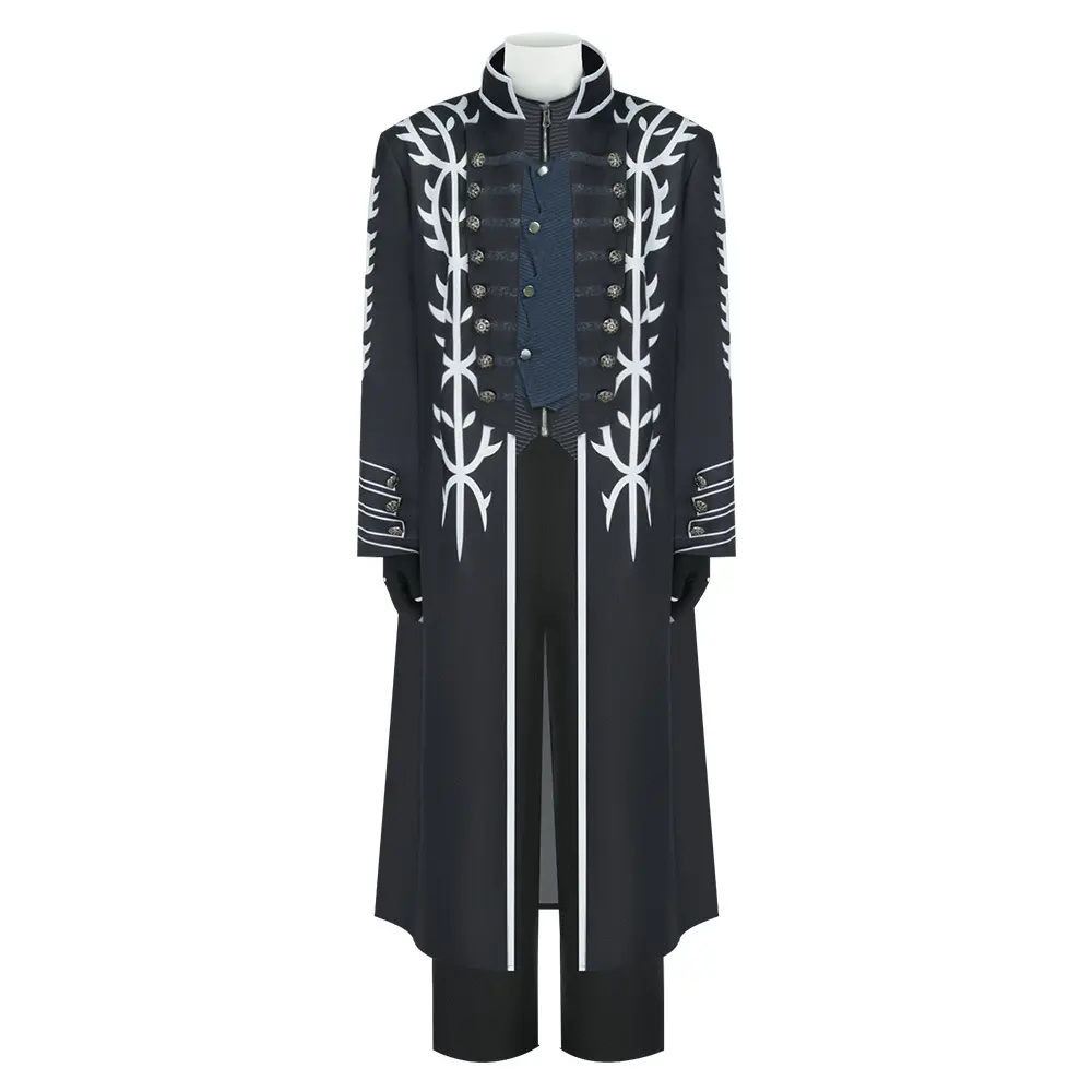 Vergil Black Long Coat Blue Vest Cosplay Costume Set with Gloves Pants for Comic Con