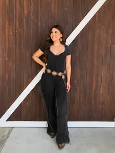 " LA NENA " Washed Fringed Jumpsuit ( Black )