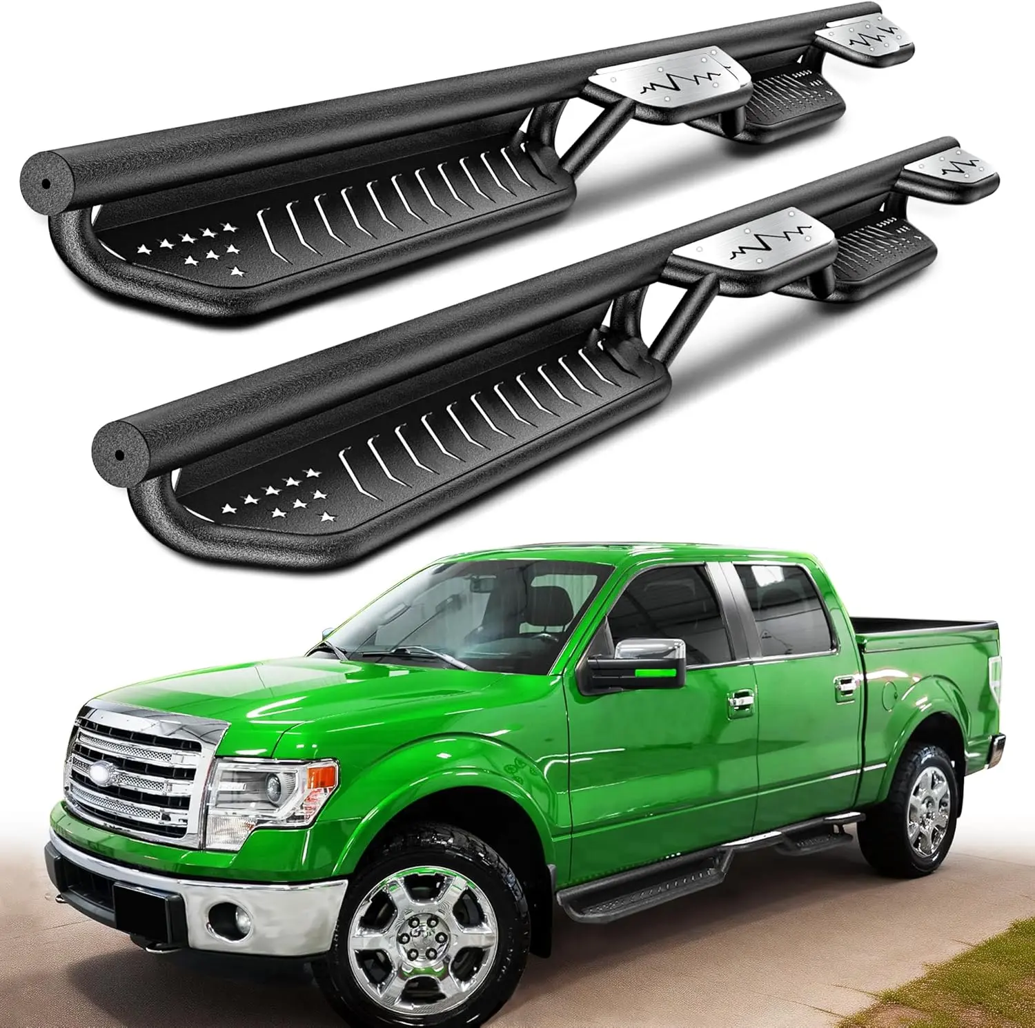MONOKING Wheel-to-Wheel Side Steps Access Aid for 2009-2014 F150, Steel Raised Steps with Mountain Cutouts, 550lb Capacity