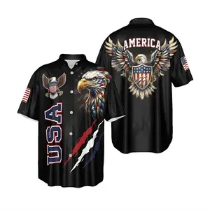 Men's USA Eagle American Flag Full Print 2 Piece Outfit, Casual Button Down Short Sleeve Shirt & Elastic Waist Drawstring Shorts Set, Patriotic Summer Beach Vacation Matching Suit