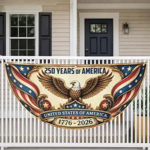 USA 250th Anniversary Polyester Semicircle Fence Banner, 1776–2026 Patriotic Bunting Flag, American Flag Half Round Banner, Fourth Of July Independence Day Outdoor Decor, USA 250 Years Porch Fence Party Banner