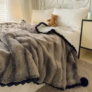 1pc Ripple Fringe Ball Blanket, Soft Breathable Rabbit Fur Back Print, Lamb Velvet Version, Travel Warm Blanket, Sofa Cover, Summer Air Conditioning Blanket, Winter Gift