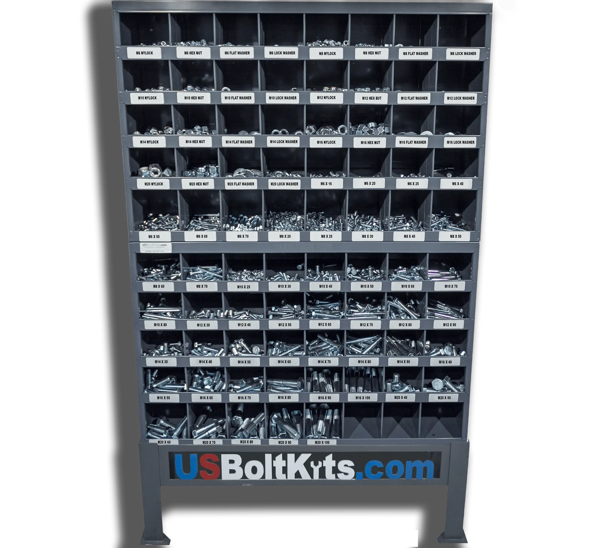 Heavy Duty Tool Kit Set, M6-M20 Size Metric Class 10.9 Zinc-Plated Thread Bolts, 1300+ Nylon Lock Nuts, 1500+ Hex Nuts, 1600+ Lock Washers, 2 40-Hole Toolbox Cases with Bins for Garage Organization & Home Repair Toolbox Needs