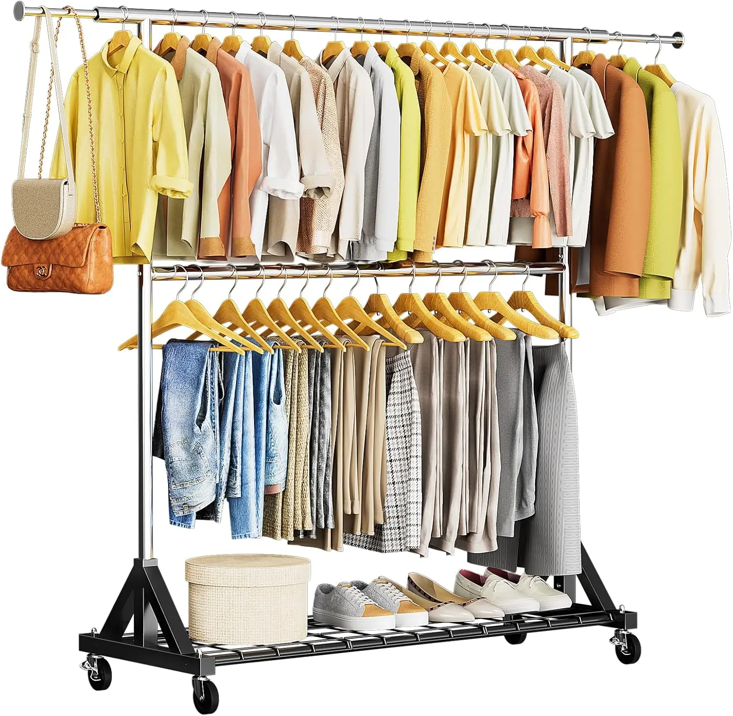 Moko Heavy Duty Clothes Rack Load 600 LBS, Double Rod Clothing Rack, Rolling Garment Racks with Lockable Wheels, Shelves, Adjustable Laundry Hanging Racks for Clothes