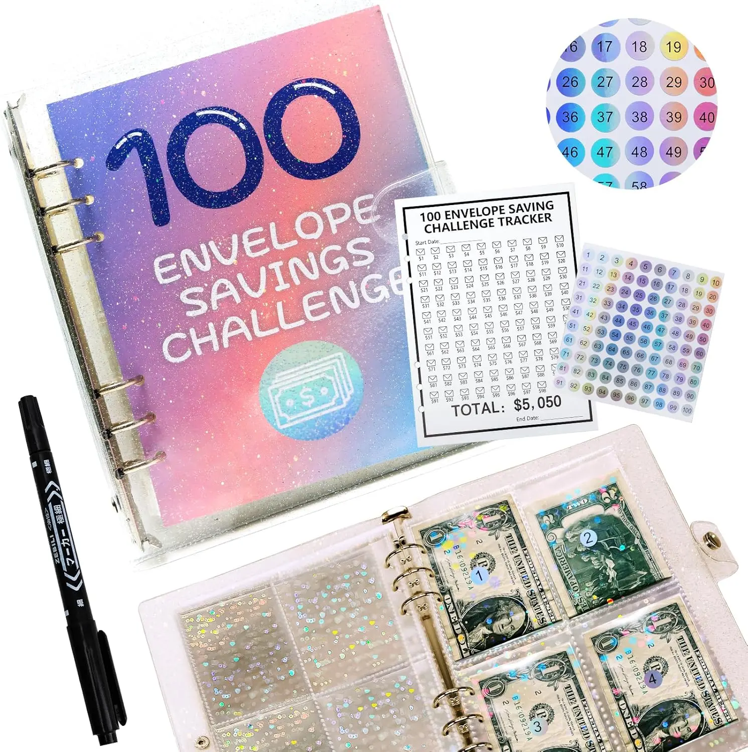 100 Envelopes Money Saving Challenge, 2024 New & Shiny 100 Envelope Challenge Binder, Easy and Funny Way to Save $5,050 Budget Planner, 100-Day Envelope Challenge Kit Money Saving Binder