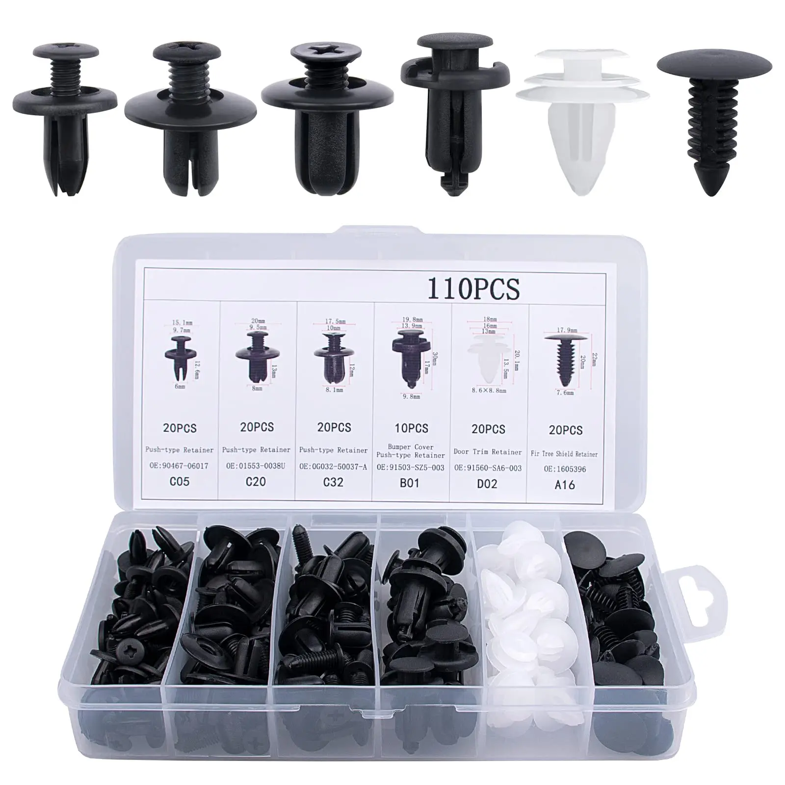 100PCS 6 Sizes Auto Body Repair Fastening Rivets Assorted, Push Type Retainer Clips, Car Body Push Pin Rivet Trim Clip Panel Push Retainer