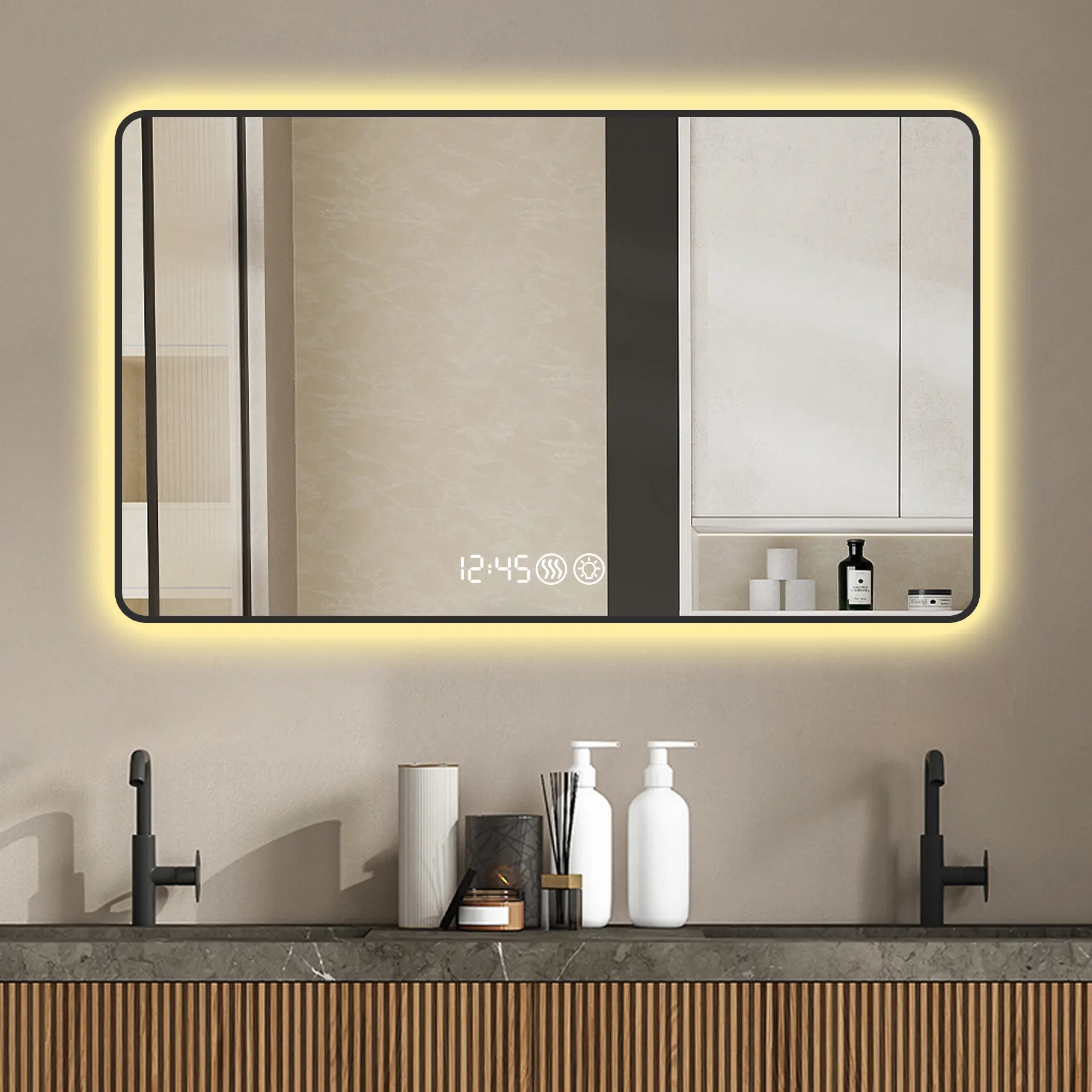 Wall-Mounted LED Vanity Mirror with Touch Control, Anti-Fog, and Dimmable Tri-Color Lighting – 48x32 Inches, Black Aluminum Frame