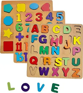Set of 3 wooden alphanumeric shape puzzles for boys and girls, learning jigsaw puzzles for kids (letters, shapes and numbers)