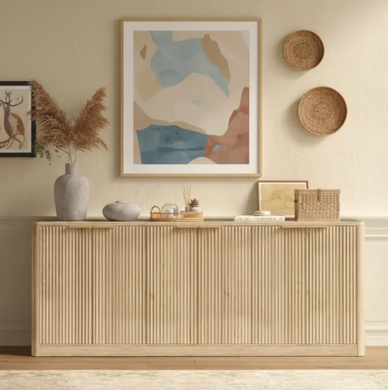 Natural Wood Sideboard Cabinet Farmhouse Buffet Cabinet with Slatted Doors & Adjustable Shelf, Wood Coffee Bar Storage Station for Kitchen, Dining Room, Living Room, Entryway