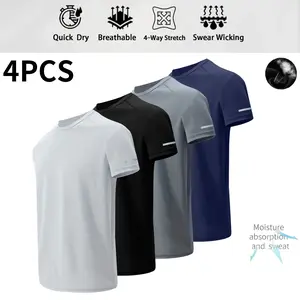 4-piece casual athletic printed T-shirt set with reflective stripes; multiple solid-color styles; breathable quick-dry short-sleeve crewneck tops; running shirts; moisture-wicking T-shirts; gym training short-sleeve shirts
