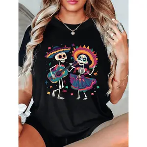 Women'S Day of the Dead Skeleton Dance Graphic T-Shirt - Vibrant Mexican Folklore Print, Casual Round Neck Tee for Spring/Summer, Black with Colorful Skulls & Guitar Design, Mexican T Shirt