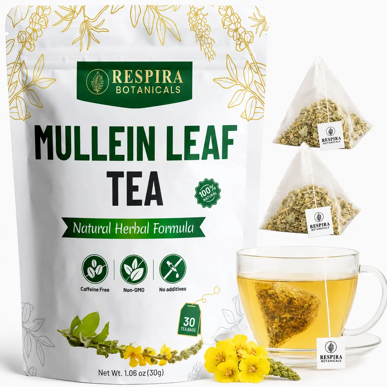 Mullein Leaf Tea Bags - Lungs Cleanse & Respiratory Support| Plastic-Free, Plant-Based Tea Bags, String and Tag, 30 pack