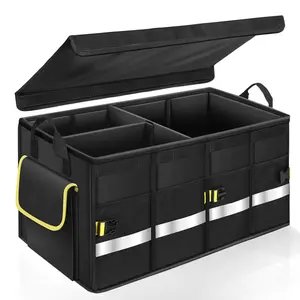 Oasser Car Trunk Organizer,  Compartments Collapsible Waterproof Car Organizer Storage with Foldable Cover, Reflective Strip, Non-Slip Bottom, 4 Mesh Pockets for SUV/Truck/Sedan/Camping/Road Trip