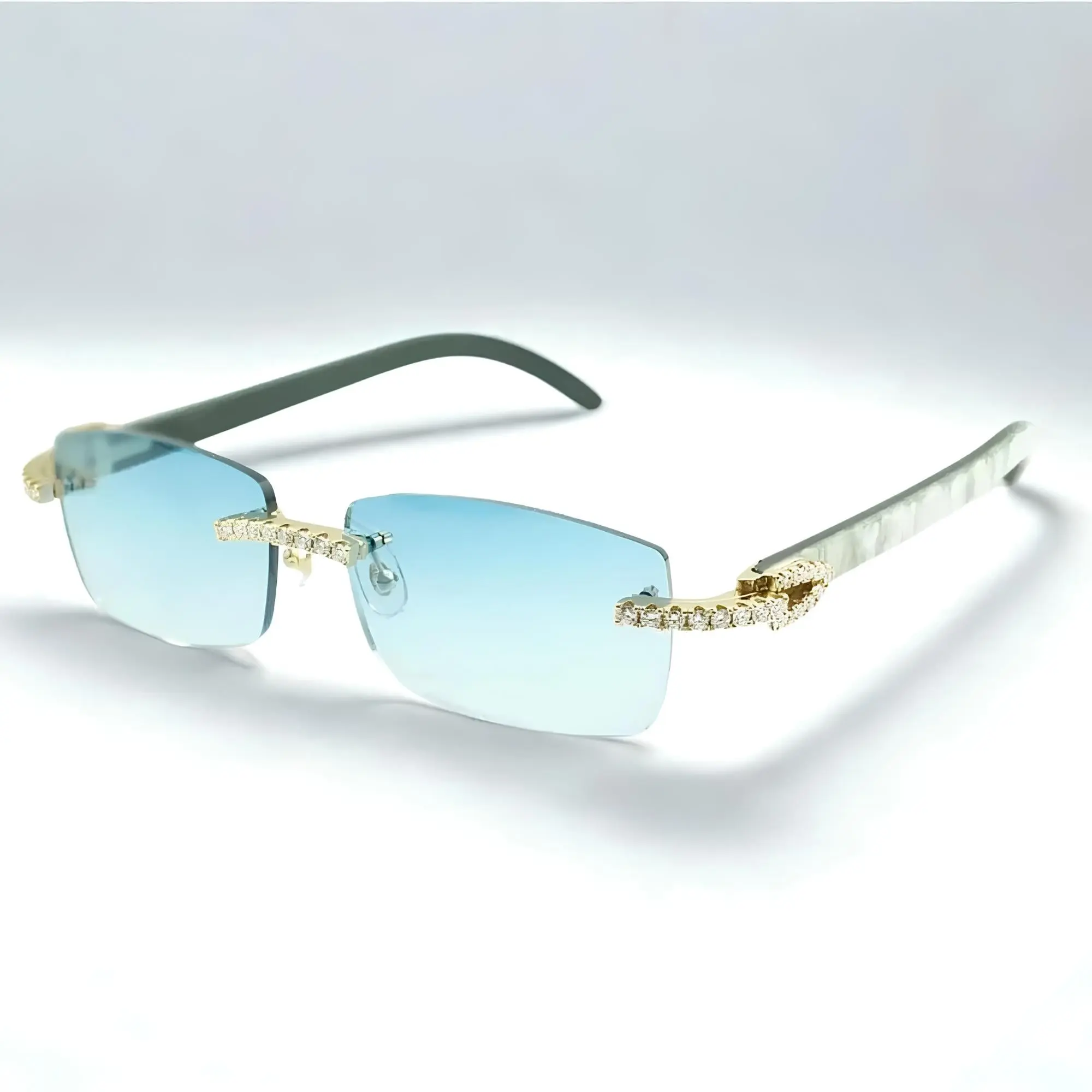 Iced Out Buffs Rimless Sunglasses - Unisex Steel-Acetate White Textured Frame, Glass-Plastic Blue UV-Protective Lenses, Handset Moissanite, Microfiber Cloth, for Casual Wear, with Luxury Branded Packaging