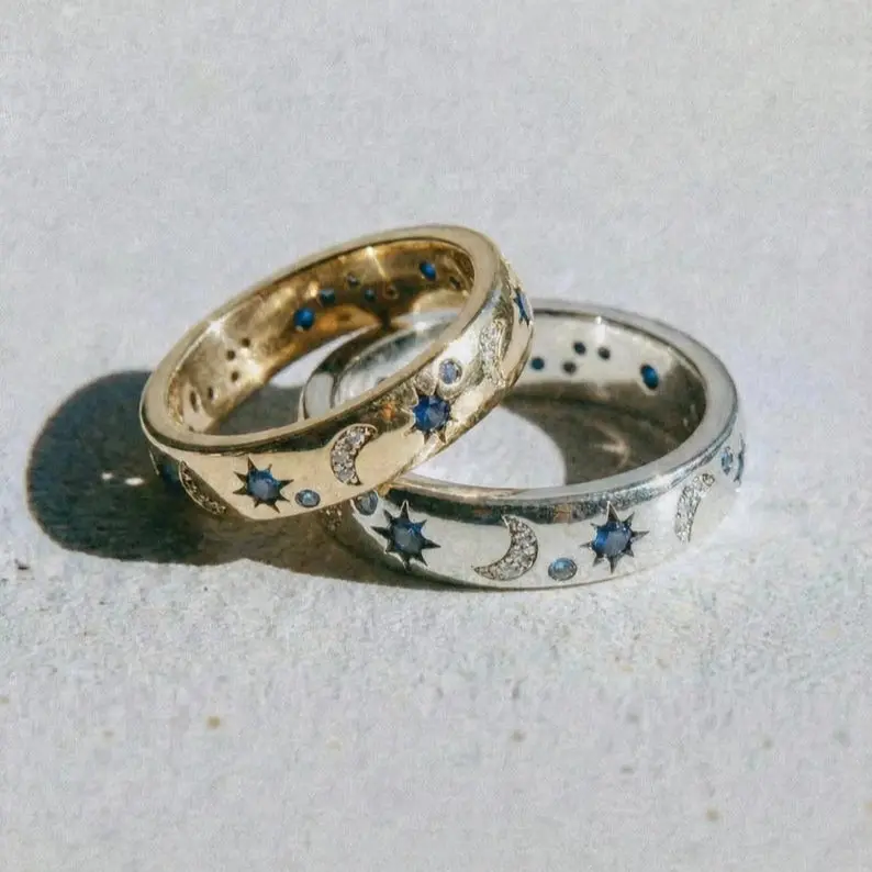Celestial Moon Star Ring Blue Stone Dainty Galaxy Jewelry Minimalist Ring Gift for Her