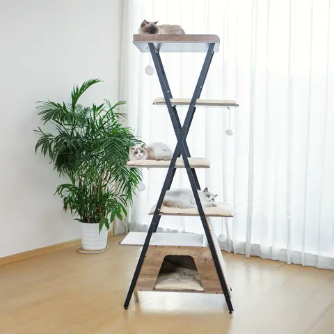 【SohoChic】ZZWHOM 73" Modern Design Wooden Cat Tower - Multi-Level Indoor Cat Furniture with Metal Frame, Sisal Scratching Post, Caves, Large Perch, Removable Dense Plush Cushions, Oversized Anti-Slip Base, Easy to Clean, High Stability for Cozy Naps