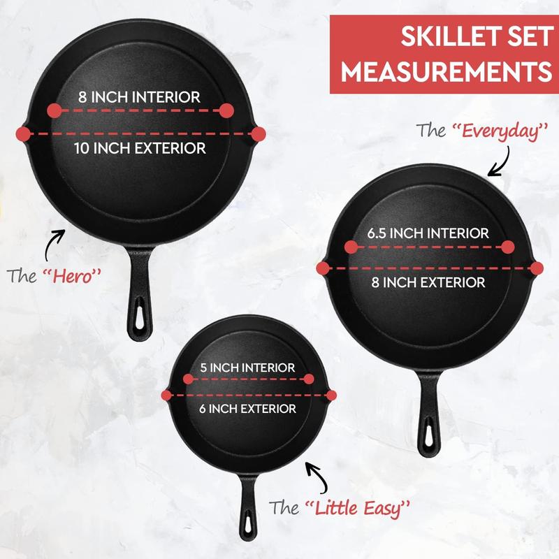Cast Iron Skillet 3-Piece Set - Heavy-Duty Professional Restaurant Chef Quality Pre-Seasoned Pan Cookware Set - 10", 8", 6" Pans - For Frying, Saute, Cooking, Pizza & More,Black