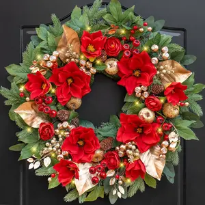 24 Inch Magnolia Christmas Wreath for Front Door, Christmas Wreath with LED Lights, Red Flowers, Red Berries, Pinecones Christmas Decorations,Winter Door Wreath for Wall Window Indoor or Outdoor