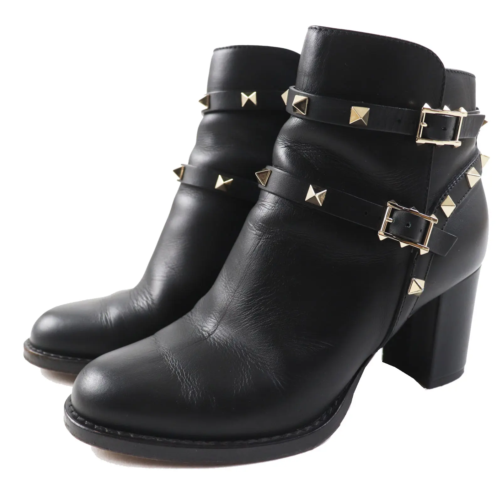 Pre-owned Valentino Calfskin Small Leather Goods Leather Short Boots Black Gold 35.5