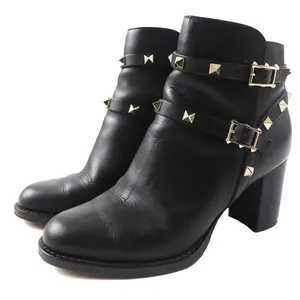 Pre-owned Valentino Calfskin Small Leather Goods Leather Short Boots Black Gold 35.5