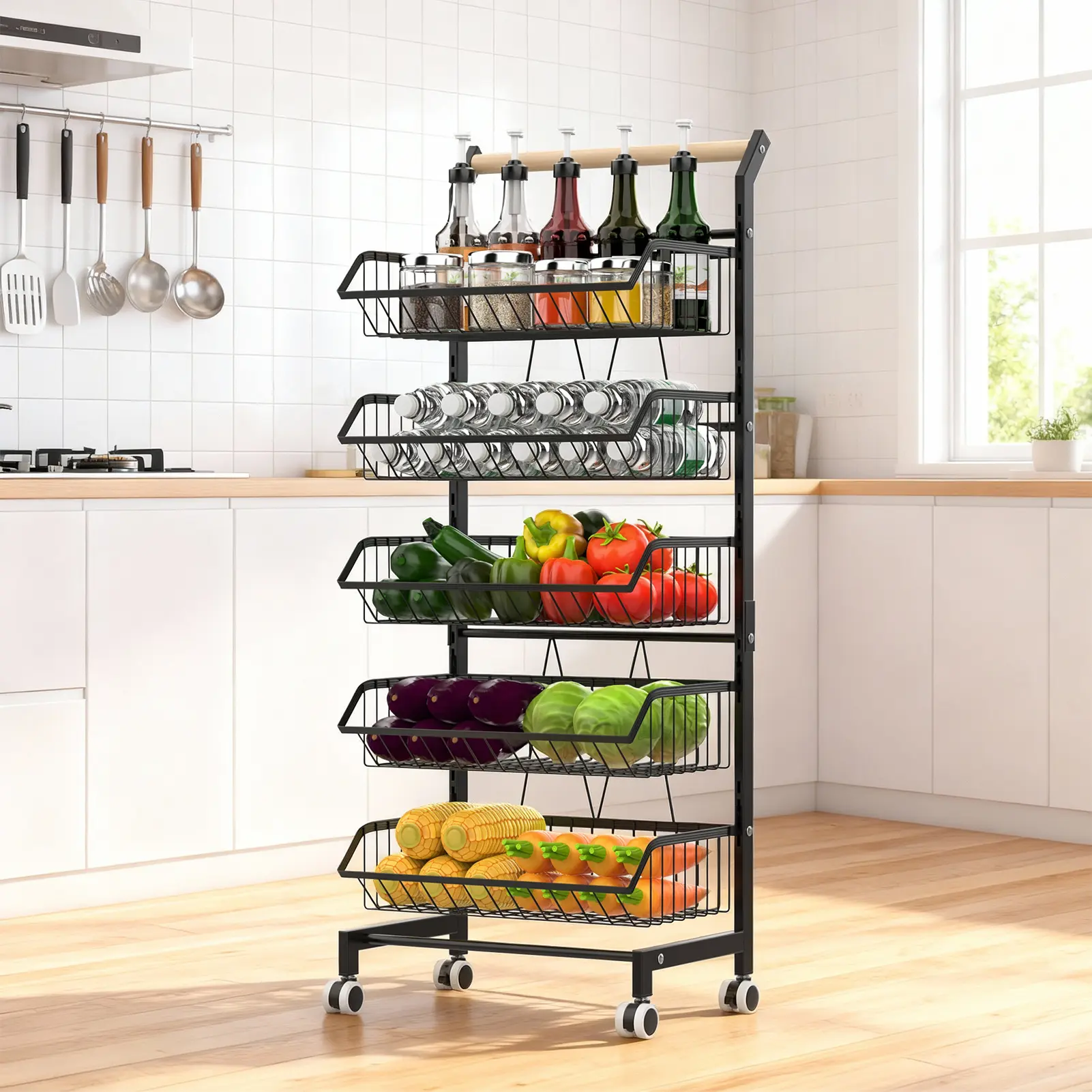 5 Tier Vegetable Fruit Basket for Kitchen, Adjustable Removable Metal Storage Baskets on Rolling Wheels Cart, Carbon Steel Pantry Organizer with Lockable Casters for Bathroom Laundry Room Living Room