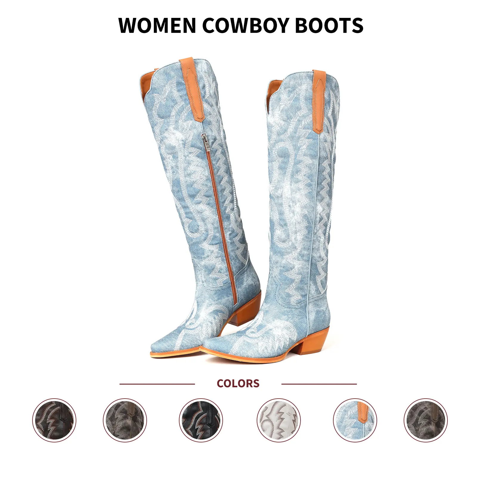 VIMISAOI Women Cowboy Boots Knee High Pointed Toe Chunky Block Heel Side Zipper Embroidered Wide Calf Comfy Vintage Boho Rodeo Western Country Wedding Festival Outdoor Concert Casual Fashion Cowgirl Booties Shoes Summerwins