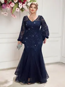 MISSMAY P84160A Plus Size Elegant V Neck Sequin Floral Lace Lantern Sleeve Contrast Mesh Mermaid Hem Formal Party Long Dress, Womenswear, Wedding Guest Dress, For Birthday, Graduation, Dinner, Homecoming