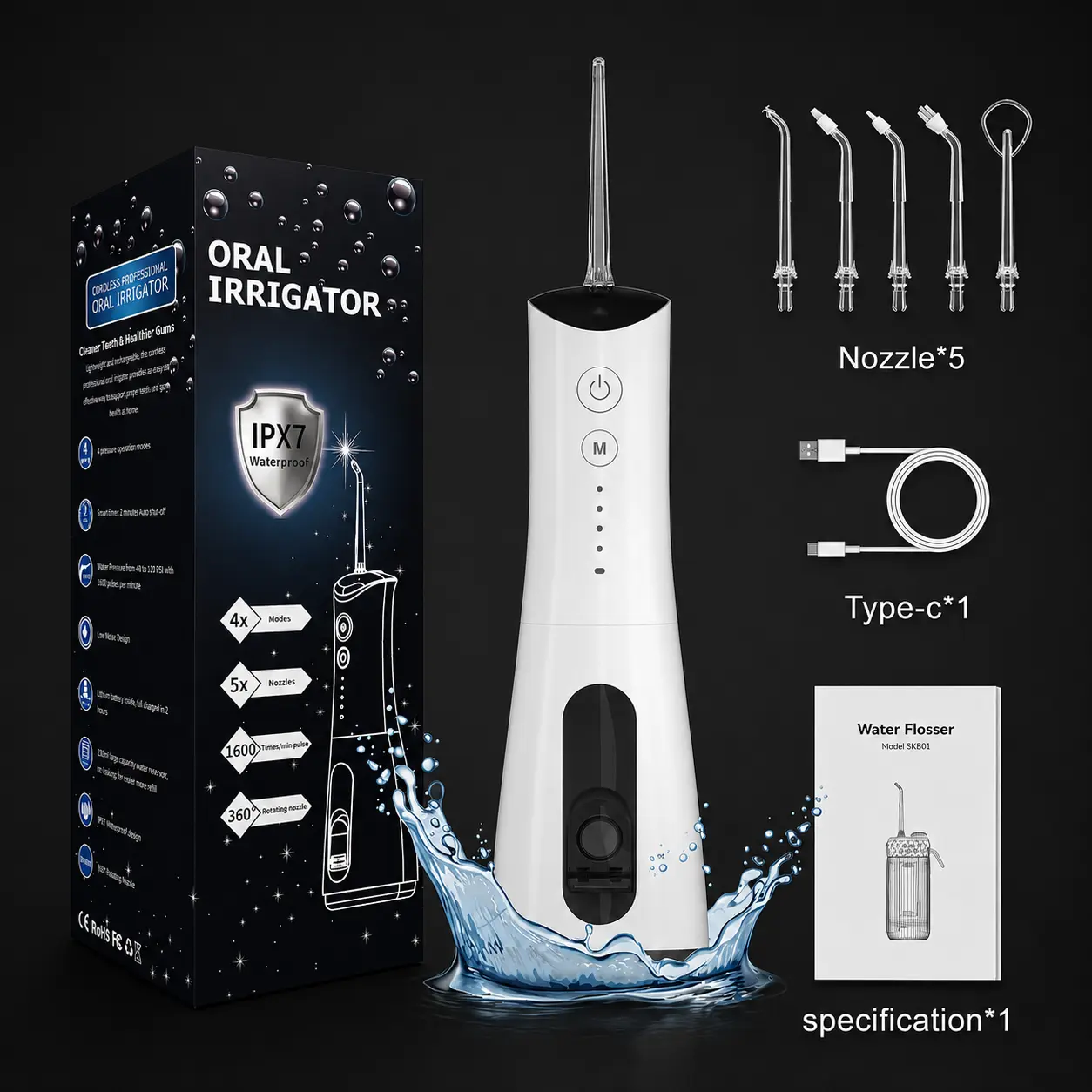 TopSaleMall Water Dental Flosser Cordless Oral Irrigator with 300ml 5 Nozzles 4 Modes USBCharger Portable Travle Irrigation Cleaner IPX7