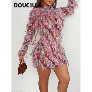 DOUCIUGrasslandMusicFestivalSeaweedDanceColoredTasselTrendCoolSexyPerspectiveWomen'sWildPrimitiveMonsterShortHip-wrappedLong-sleevedDress