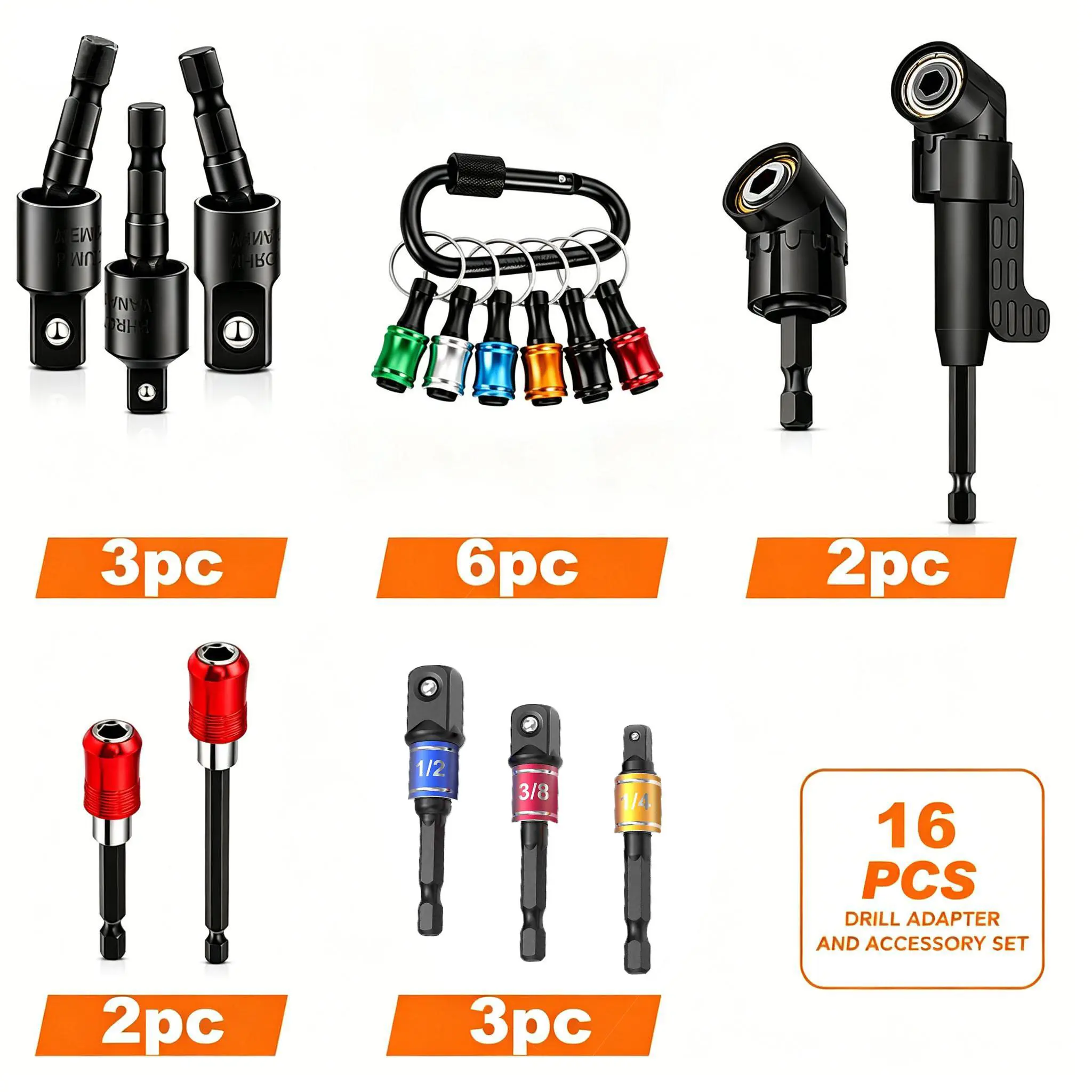 16 PCS Impact Grade Socket Adapter Set with 105° Right Angle Drill Attachment, Self Locking Extension Bar, Quick Release Bit Holder, 1/4" 3/8" 1/2" Drive Drill Adapter Kit for Power Drills,Fathersday Gift