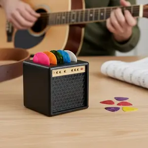 Guitar Pick Holder Box, Leather Texture Guitar Speaker Shape, Guitar Amp Design, Includes 5 Picks (random Colors), Drawer Storage, Gift for Guitar Lovers